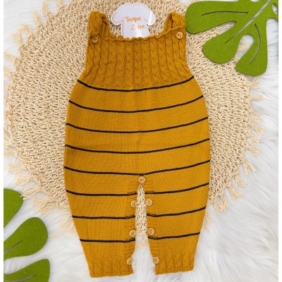 Jardineira Longa de linha- mostarda listra fina azul marinho